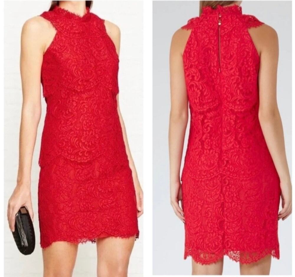 Reiss Sophia China Red Lace Overlay Cocktail Mini Dress Size 4